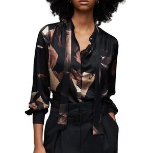 ALL SAINTS US10 Toni Iris Silk Blend Button Front Neck Tie Long Sleeve Shirt